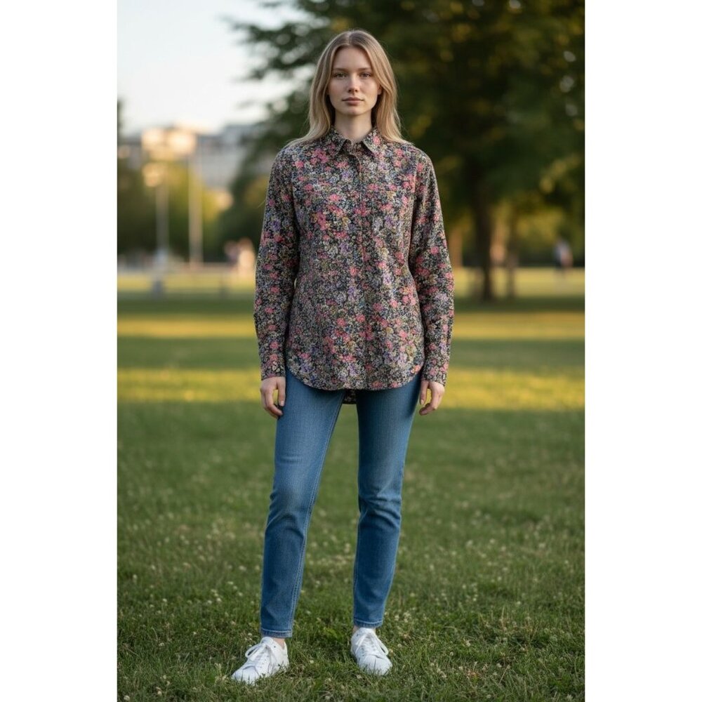 CM Company Womens L Floral Button-Up Shirt Black Pink Purple 100% Cotton Vintage